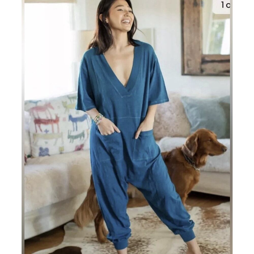 Natural Life Charlie Jumpsuit V-Neck Teal Oversized Cotton Short Sleeve Boho S